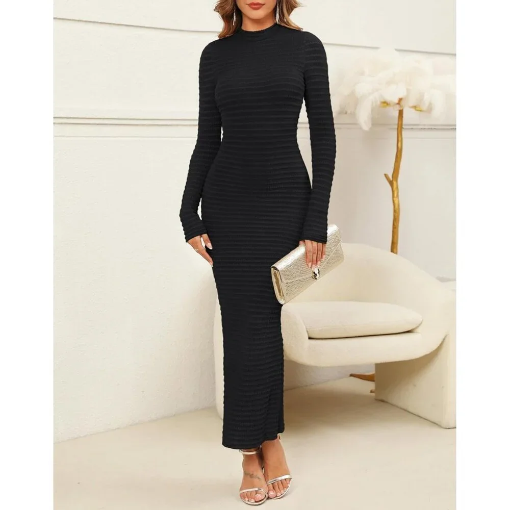 Women's Knit Sweater Dress Long Sleeve High Neck Slim Fit Casual Formal - Picture 4 of 6